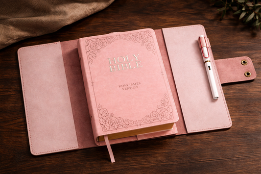 Pink leather bible cover with decorative cover and pen on a wooden surface