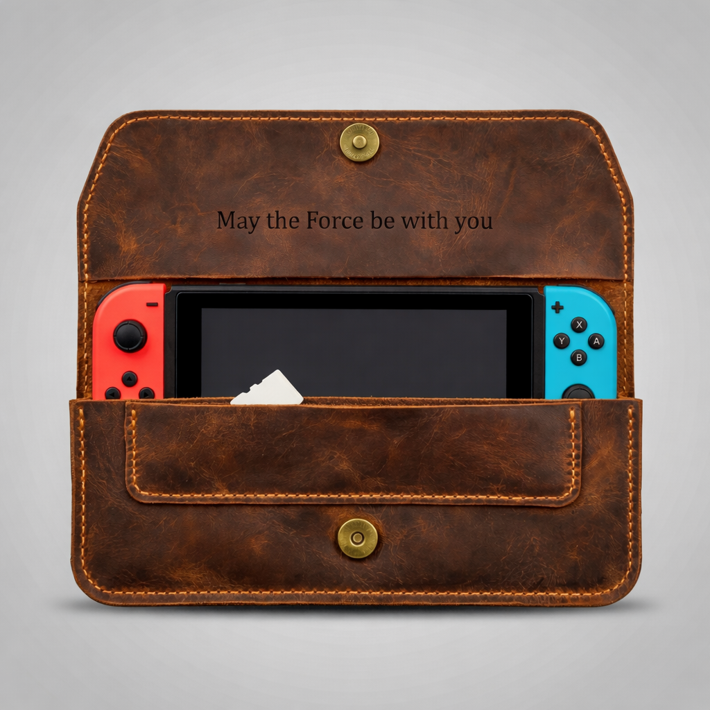 Brown leather case with 'May the Force be with you' text, holding a red and blue gaming console on a gray background.