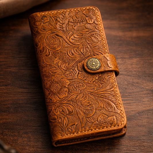 Floral Leather iPhone Wallet Case – Handcrafted Full-Grain Tigre X Studio