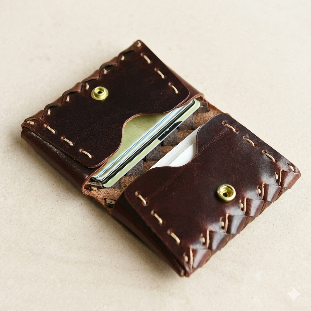 Vintage Handwoven Leather Wallet  Genuine Cowhide Bifold Card Holder Tigre X Studio