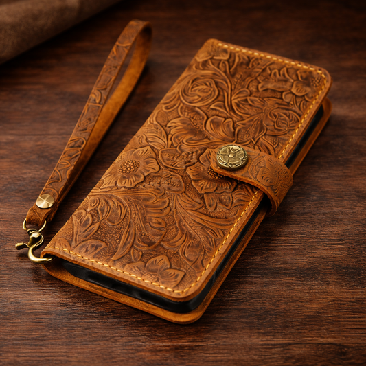 Floral Leather iPhone Wallet Case – Handcrafted Full-Grain Tigre X Studio