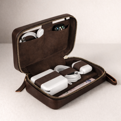 Brown travel case with electronic devices on a light background
