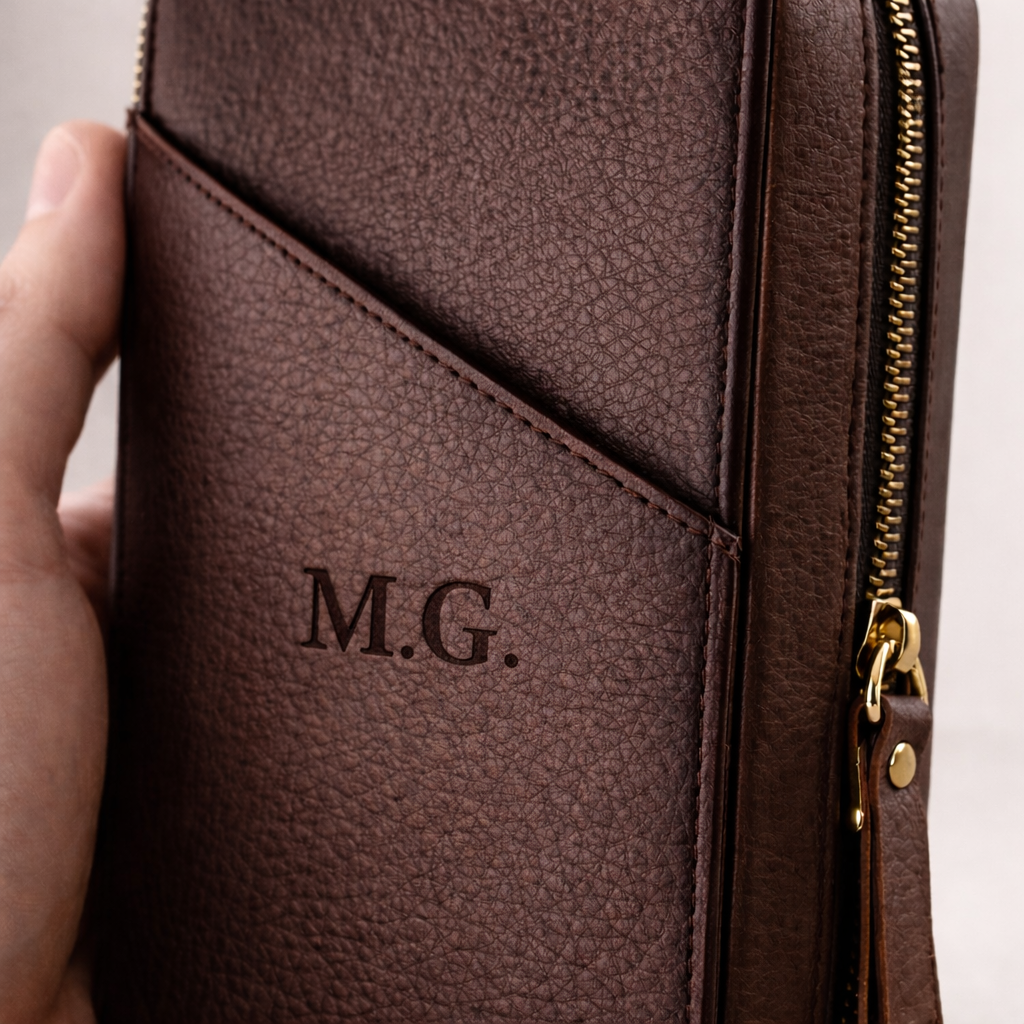 Brown leather wallet with gold zipper held by a hand, featuring initials 'M.G.'
