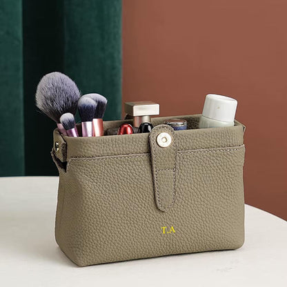 Personalized Leather Cosmetic Bag, Large Capacity Makeup Travel Case, Custom Engraved Cowhide Toiletry Bag, Luxury Bridesmaid Gift for Her - Tigre X Studio