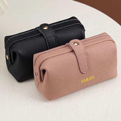 Personalized Leather Cosmetic Bag, Large Capacity Makeup Travel Case, Custom Engraved Cowhide Toiletry Bag, Luxury Bridesmaid Gift for Her - Tigre X Studio