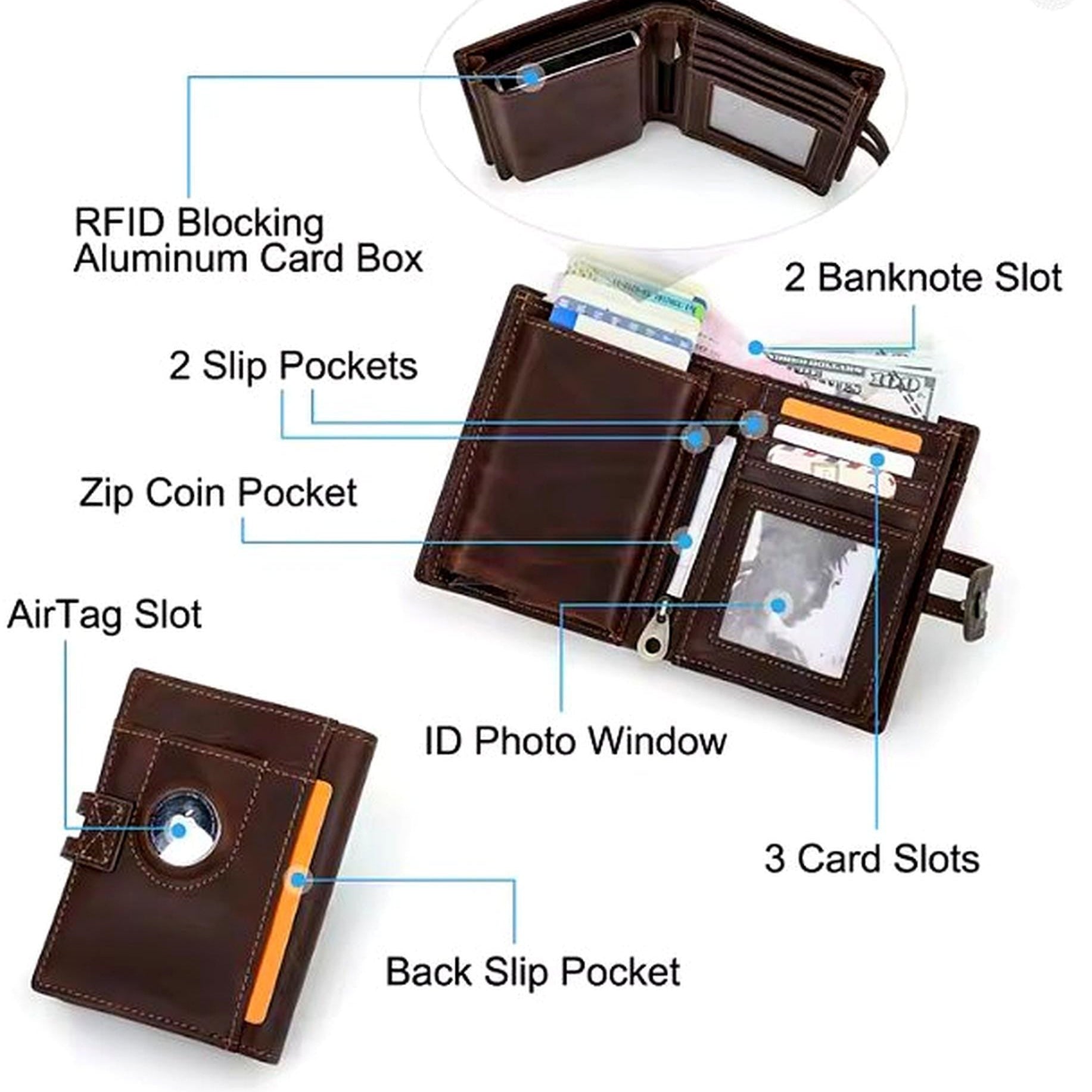 Personalized Leather Wallet with AirTag Holder – RFID Blocking Slim Bifold for Men - Tigre X Studio