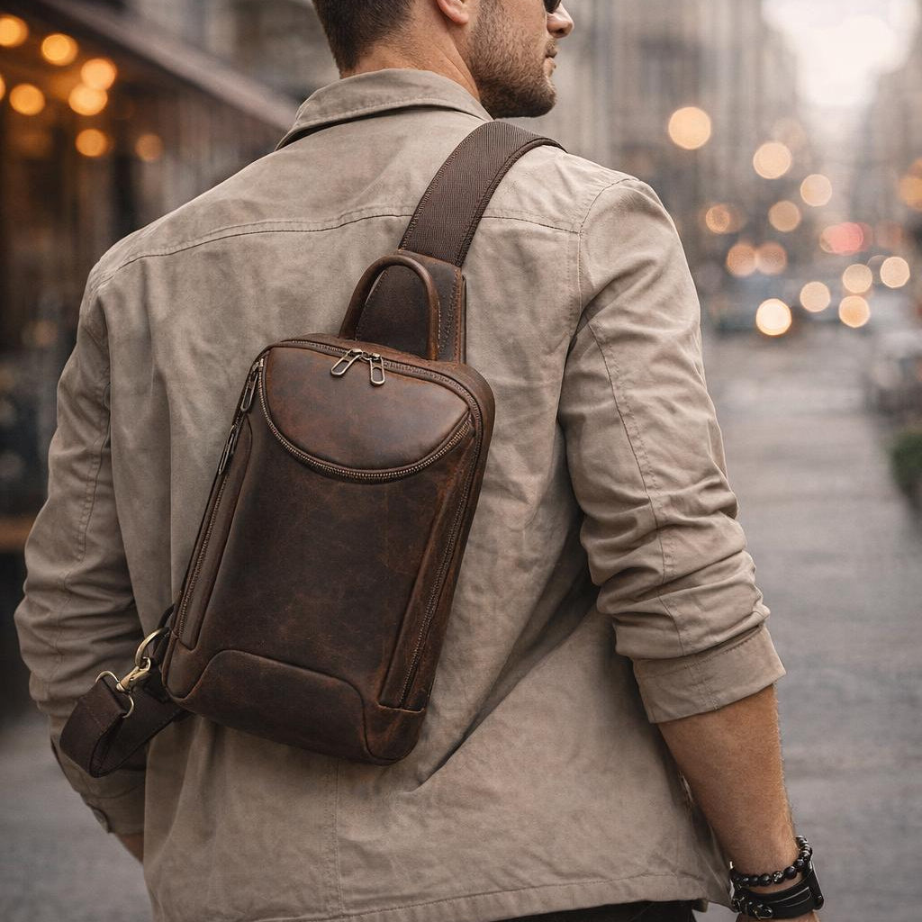 Full Grain Leather Chest Bag  Handmade Sling Backpack for Men - iPad Case Etsy